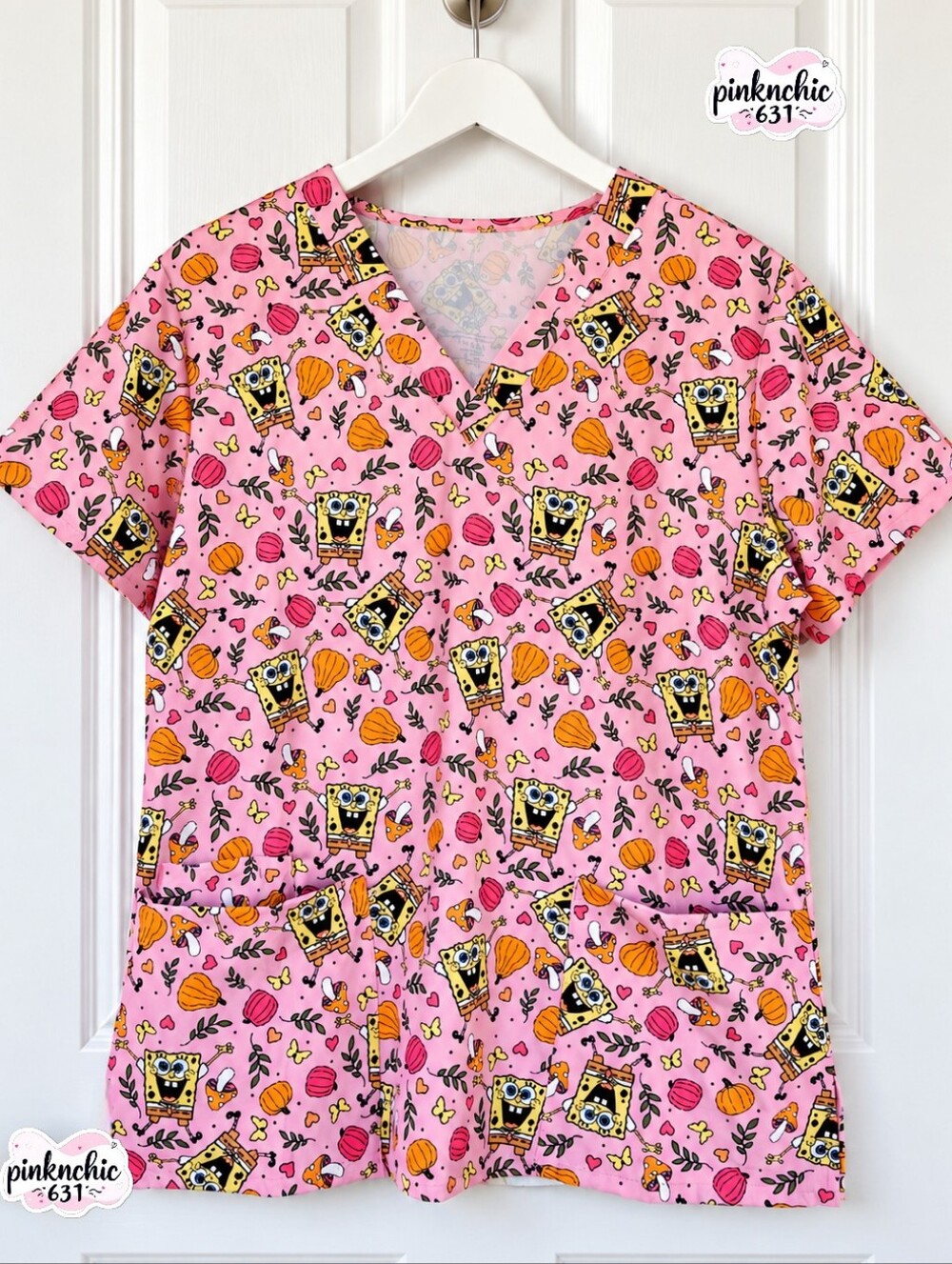 SpongeBob SquarePants Pink Fall Pumpkin & Mushroom Scrub Tunic Top Size Large